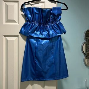 Metallic blue strapless cocktail dress